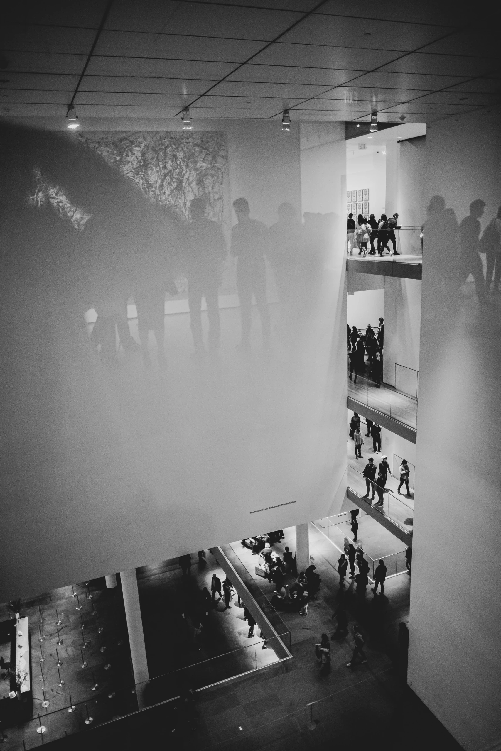 Through frosted glass, visitors on the stairs of a museum.