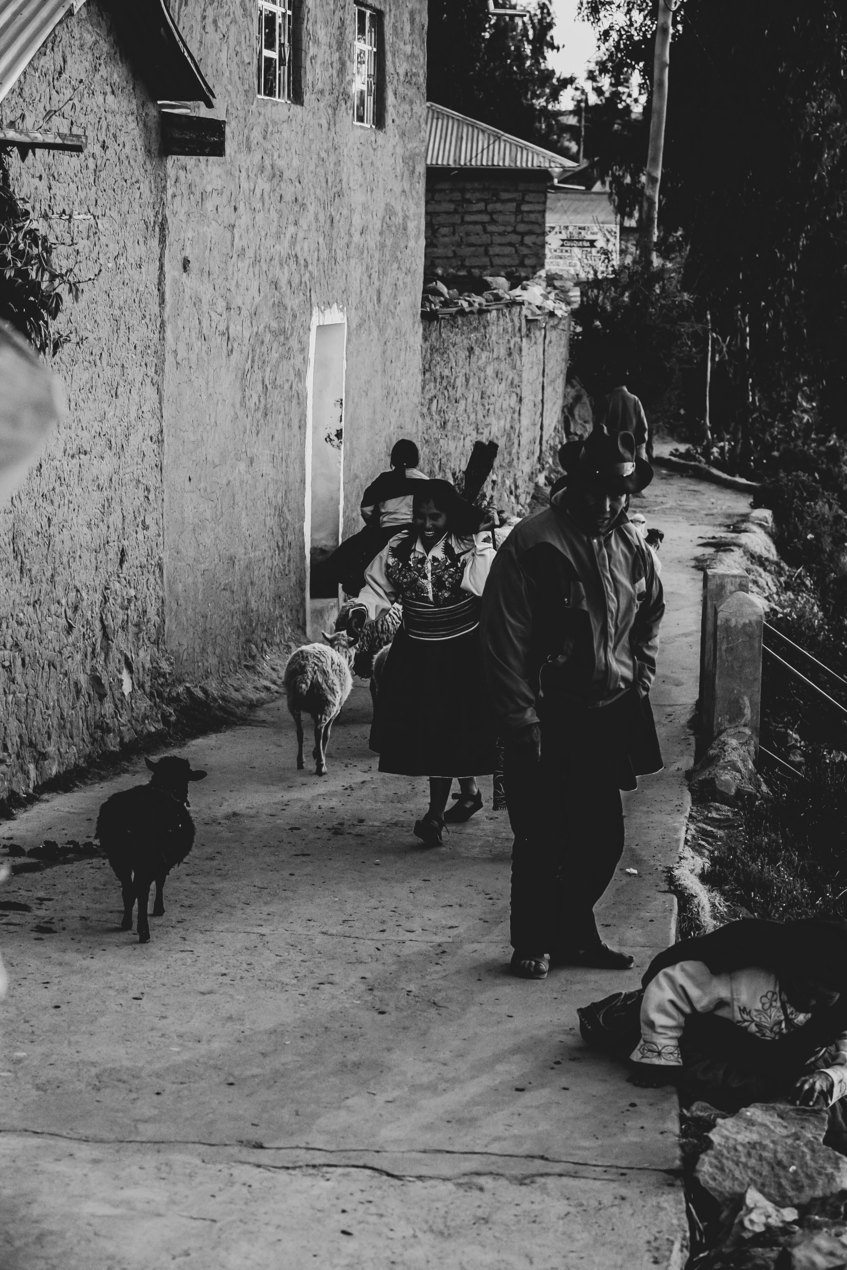 In a lane between earthen walls, a woman with a bundle on her back walks beside a man, among the sheep.