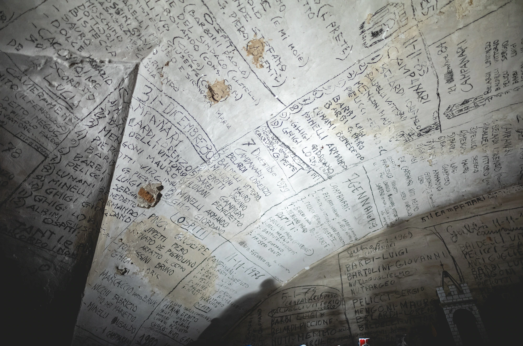 A vaulted ceiling covered in handwritten names and inscriptions.