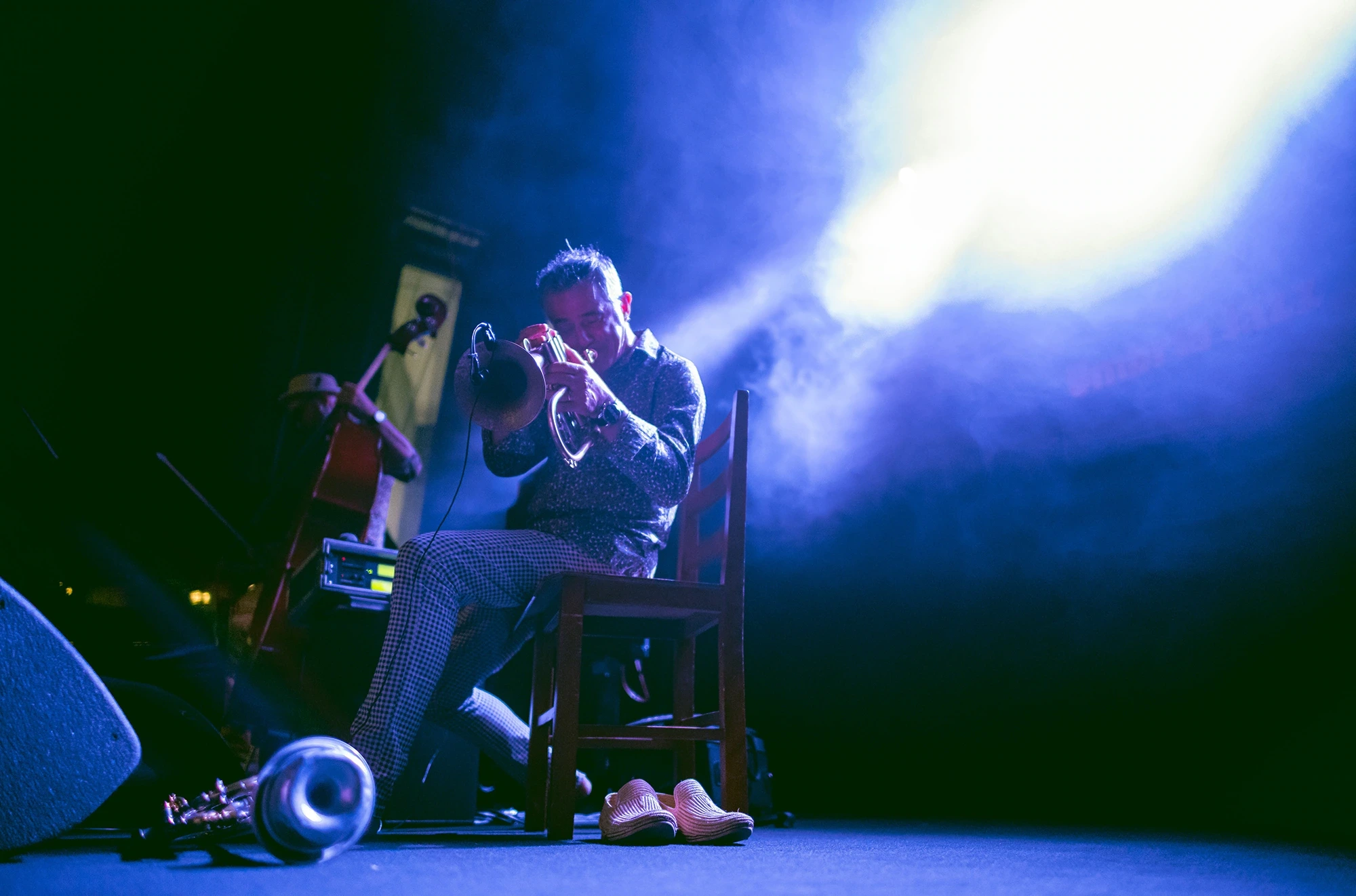 Seated in blue smoke, a trumpeter with a mute.