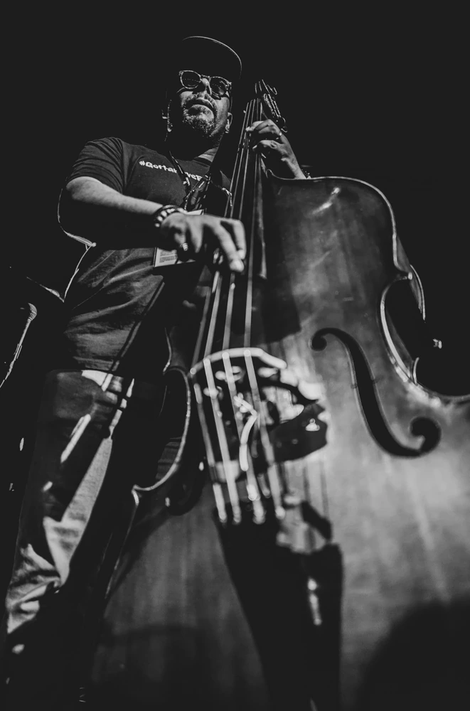From below, the double bass and the hands on the strings.