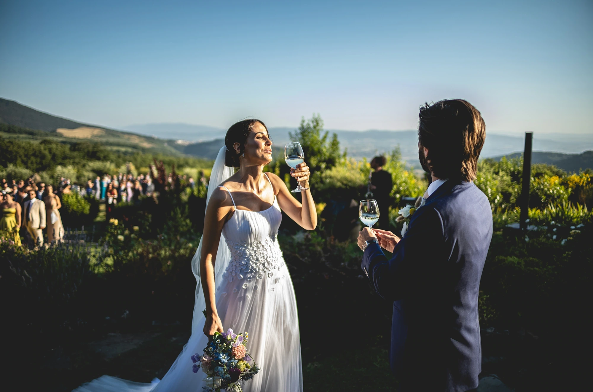 The toast among the hills, the guests in the distance.